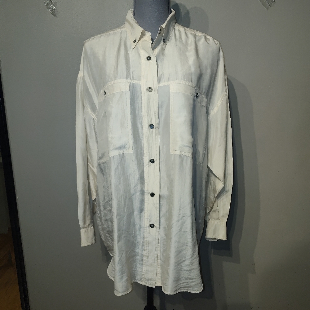 Forenza Silk Cream Long Sleeve Oversized Blouse Y2k Small